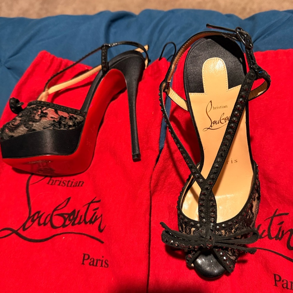 Christian Louboutin Black Patent Leather Platform Heels with Swarovski crystals - Picture 15 of 15